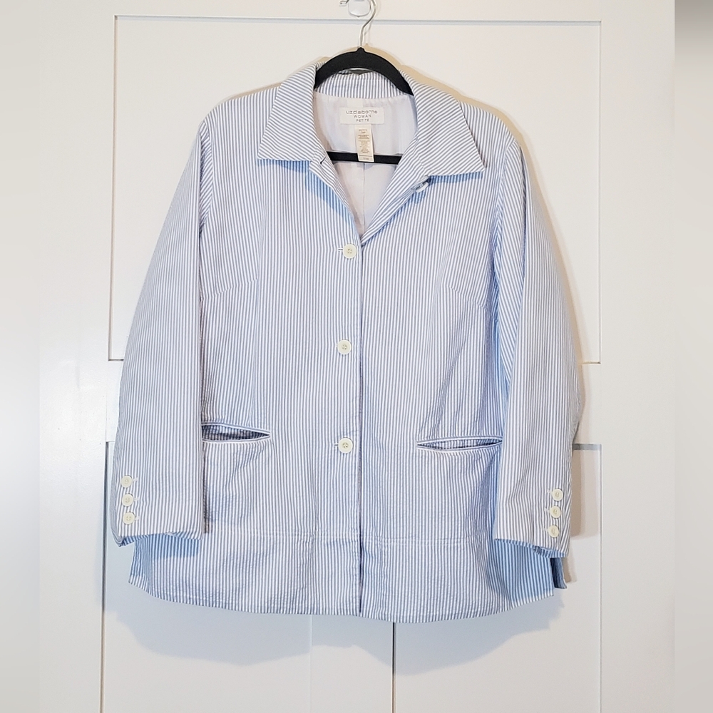 Liz Claiborne Seersucker Blazer Jacket Light Blue White Cotton Size 16P